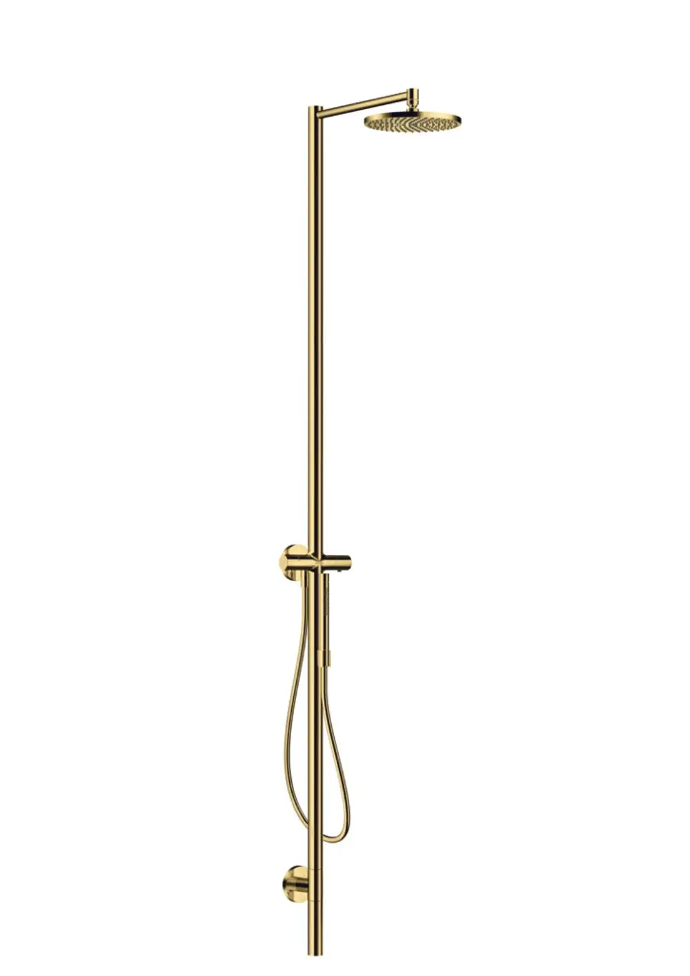 Duschsäule in polierter Goldoptik mit integriertem Thermostat und Kopfbrause, designed von AXOR, montiert an der Wand.